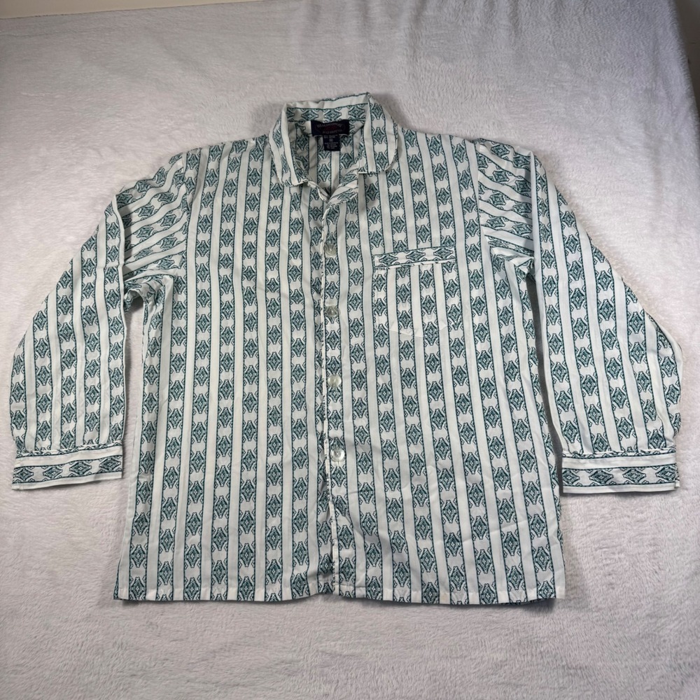 Hemingway Point Pajama Top Mens Medium White Teal Geometric Striped Sleep Shirt